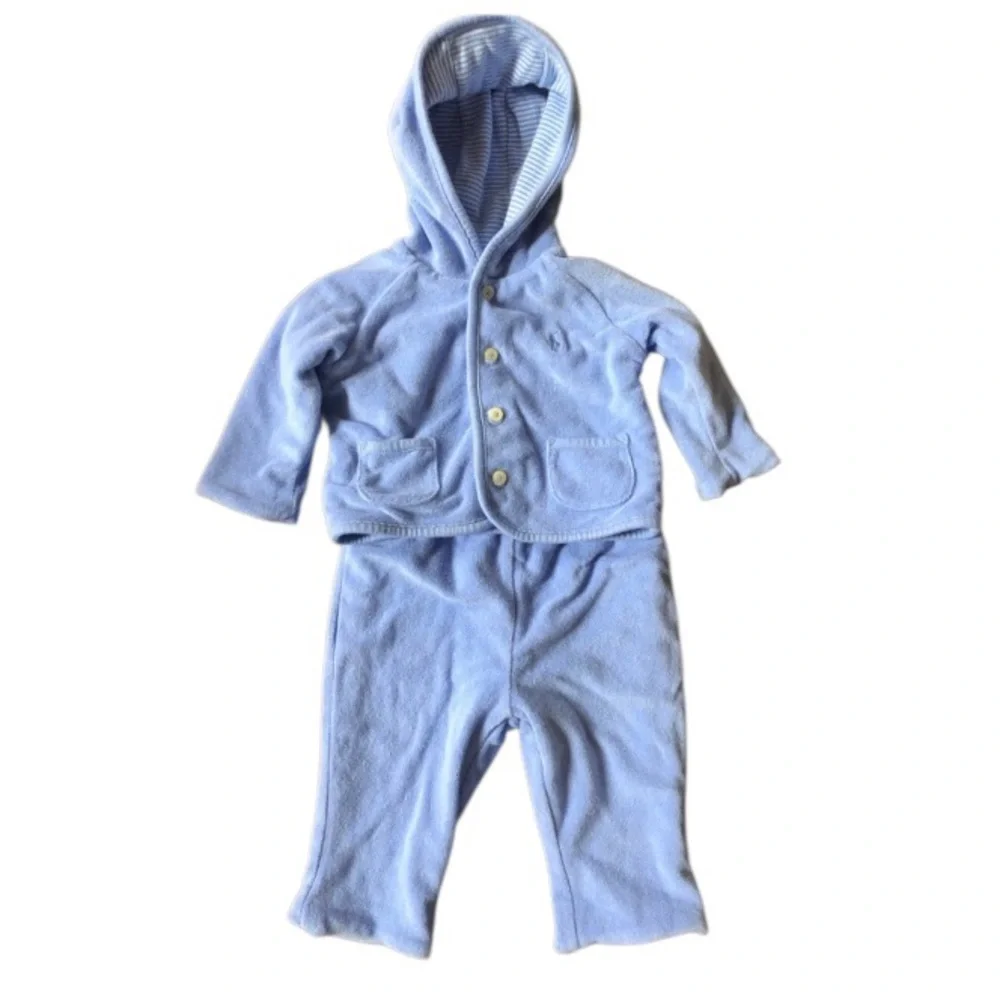 Ralph Lauren Baby Blue Terrycloth 2 pc outfit Button Down Jacket & Pants Sz 3 mo